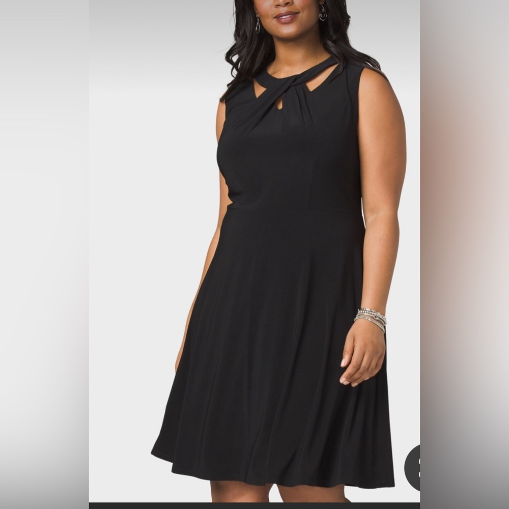 Chic black dress, size 12. A-line, Fit and Flare with a twisted neckline.